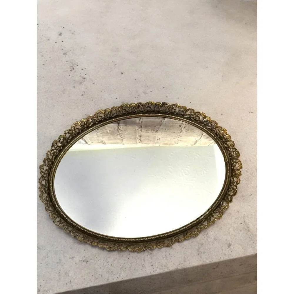 Vintage Ornate Brass & Glass Oval Vanity Tray or Wall Mirror